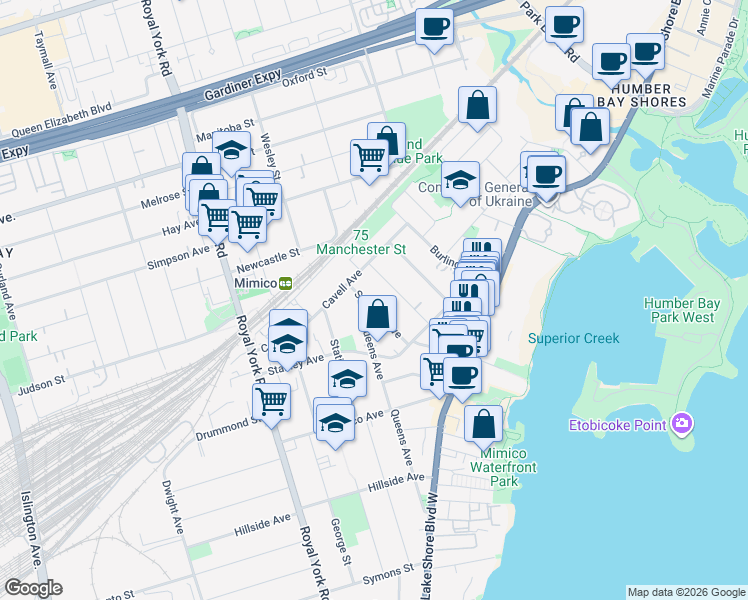 map of restaurants, bars, coffee shops, grocery stores, and more near 89 Superior Avenue in Toronto
