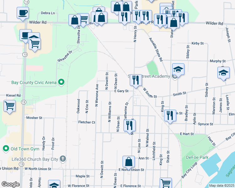 map of restaurants, bars, coffee shops, grocery stores, and more near 314 East Gary Street in Bay City