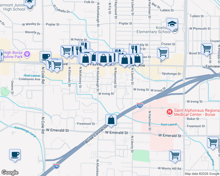 map of restaurants, bars, coffee shops, grocery stores, and more near 6703 West Colehaven Drive in Boise