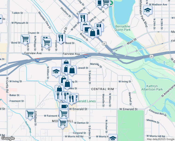 map of restaurants, bars, coffee shops, grocery stores, and more near 4613 West Kendall Street in Boise