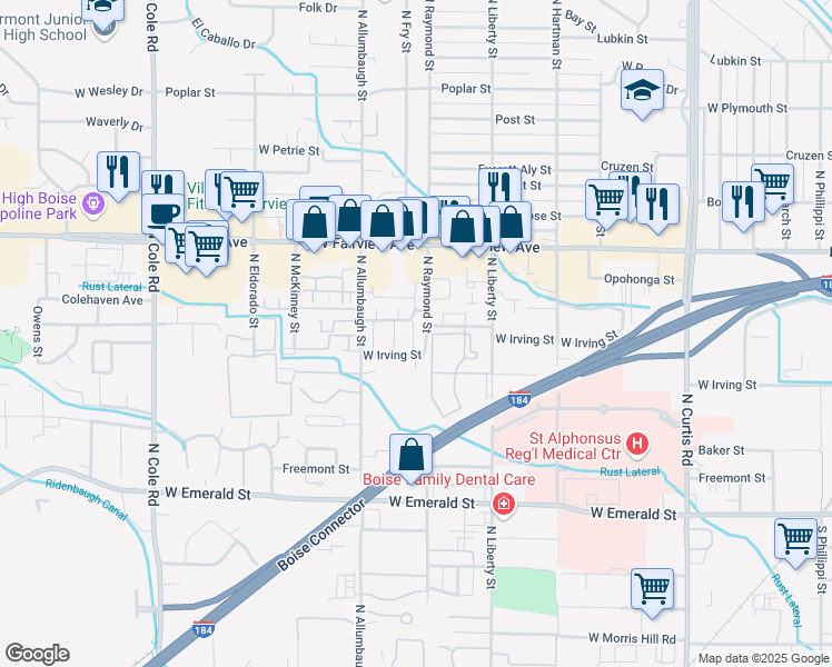 map of restaurants, bars, coffee shops, grocery stores, and more near 1319n West Irving Street in Boise