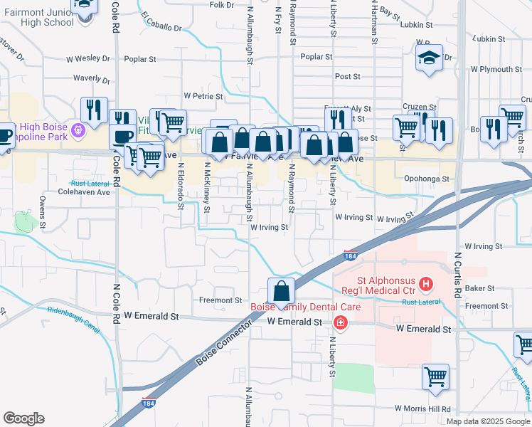 map of restaurants, bars, coffee shops, grocery stores, and more near 6703 West Colehaven Drive in Boise