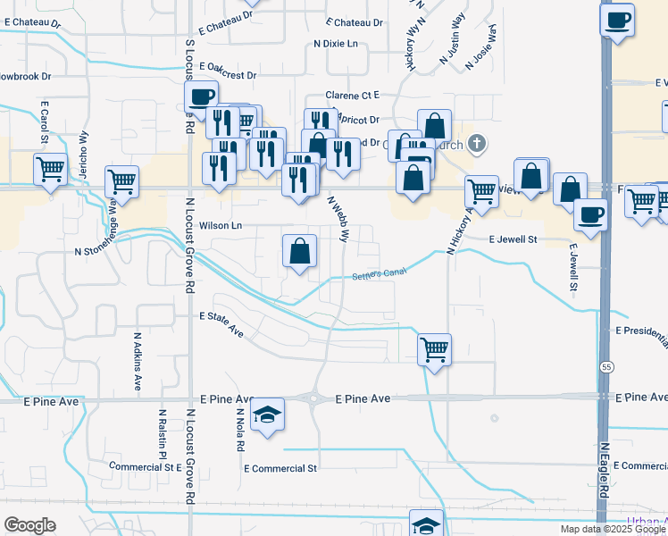 map of restaurants, bars, coffee shops, grocery stores, and more near 2255 East Fairview Avenue in Meridian
