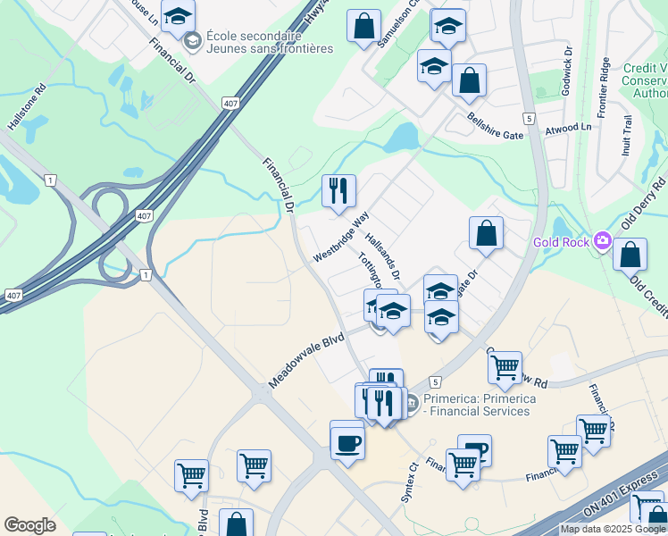 map of restaurants, bars, coffee shops, grocery stores, and more near in Mississauga