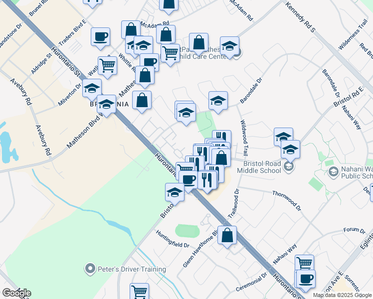map of restaurants, bars, coffee shops, grocery stores, and more near 55 Bristol Road East in Mississauga