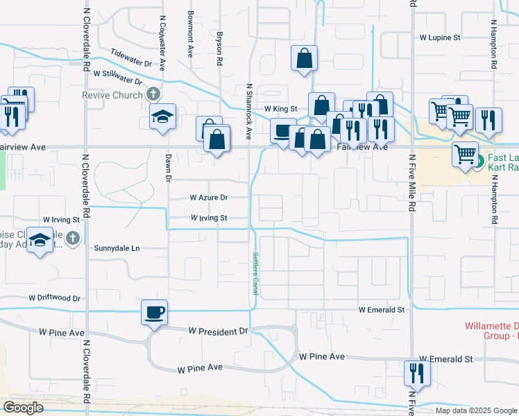 map of restaurants, bars, coffee shops, grocery stores, and more near 1301 North Timathy Lane in Boise