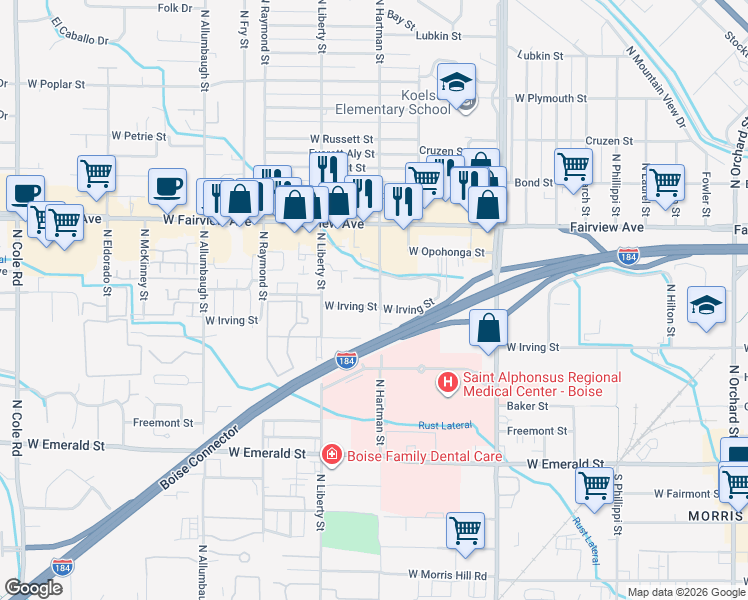 map of restaurants, bars, coffee shops, grocery stores, and more near 1301 North Hartman Street in Boise