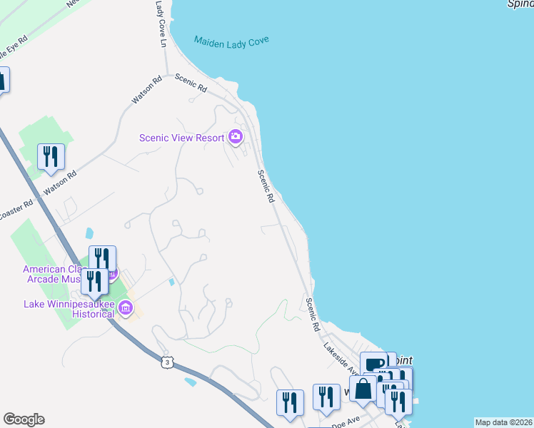 map of restaurants, bars, coffee shops, grocery stores, and more near 616 Scenic Road in Laconia