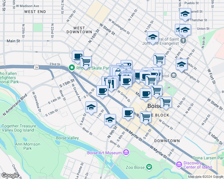 map of restaurants, bars, coffee shops, grocery stores, and more near 1111 West Grove Street in Boise
