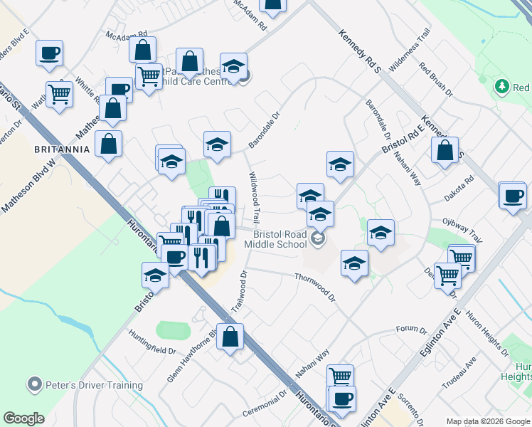 map of restaurants, bars, coffee shops, grocery stores, and more near 164 Anthony Avenue in Mississauga