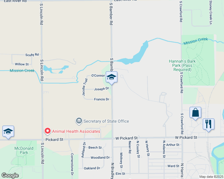map of restaurants, bars, coffee shops, grocery stores, and more near 1651 South Bamber Road in Mount Pleasant