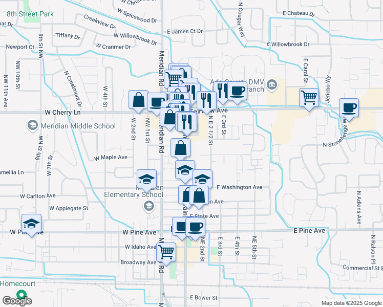 map of restaurants, bars, coffee shops, grocery stores, and more near 1412 North Main Street in Meridian