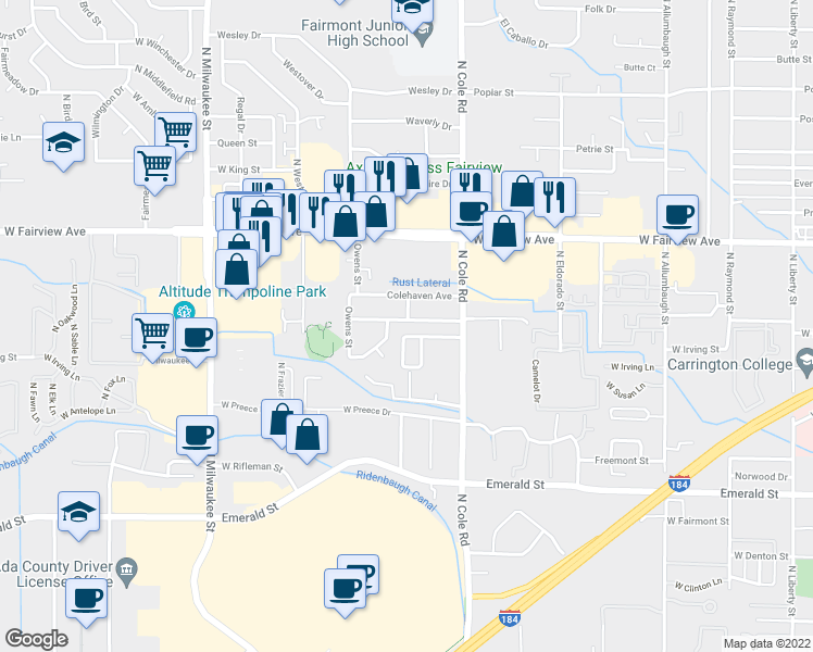 map of restaurants, bars, coffee shops, grocery stores, and more near 7525 Maxwell Drive in Boise