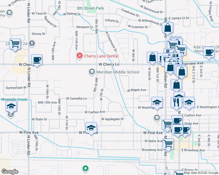 map of restaurants, bars, coffee shops, grocery stores, and more near 1418 West 7th Street in Meridian