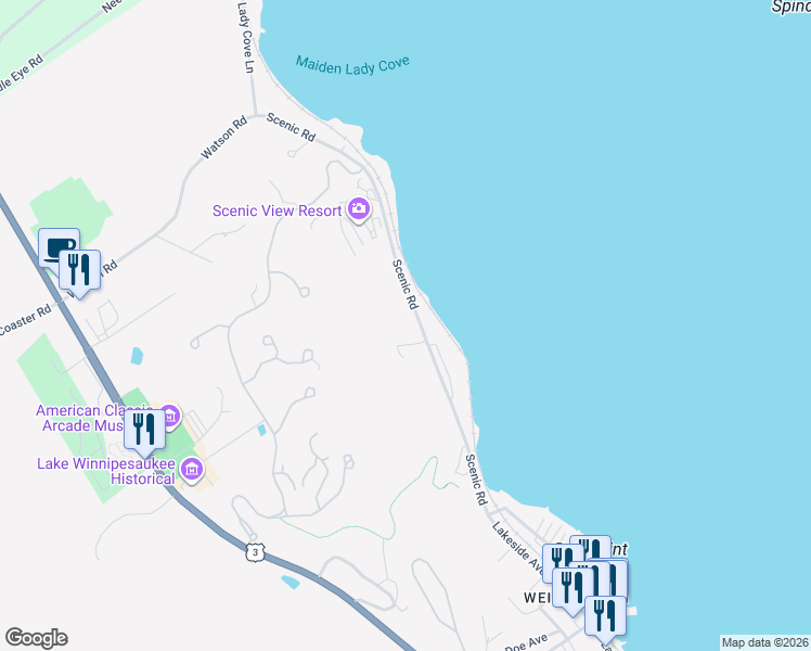 map of restaurants, bars, coffee shops, grocery stores, and more near 616 Scenic Road in Laconia