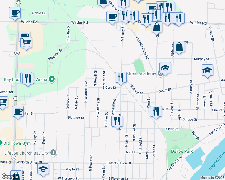 map of restaurants, bars, coffee shops, grocery stores, and more near 314 East Gary Street in Bay City