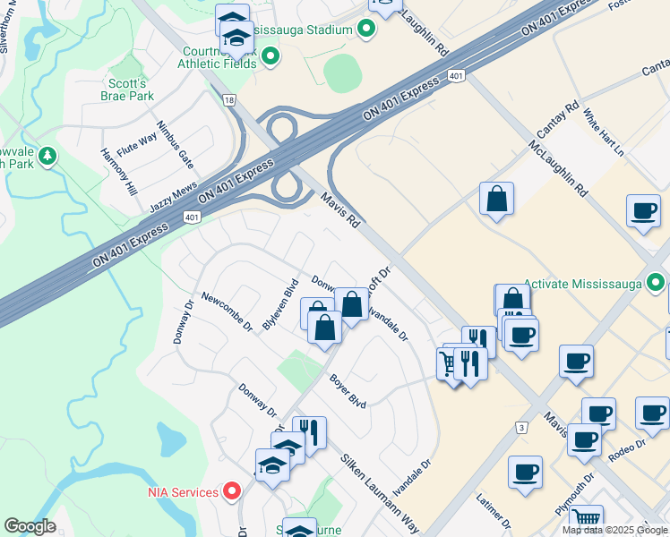 map of restaurants, bars, coffee shops, grocery stores, and more near 820 Clemens Crescent in Mississauga