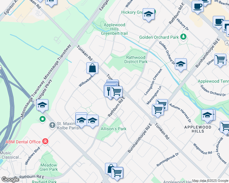 map of restaurants, bars, coffee shops, grocery stores, and more near 925 Rathburn Road East in Mississauga