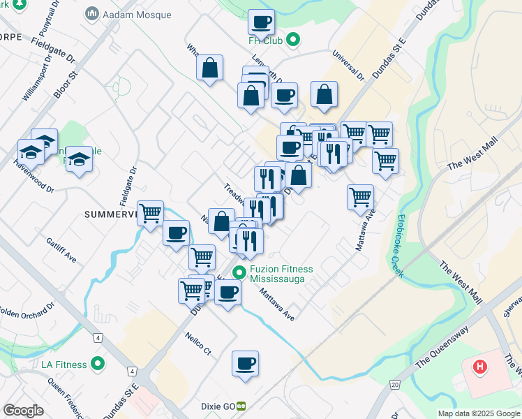 map of restaurants, bars, coffee shops, grocery stores, and more near 1721 Dundas Street East in Mississauga