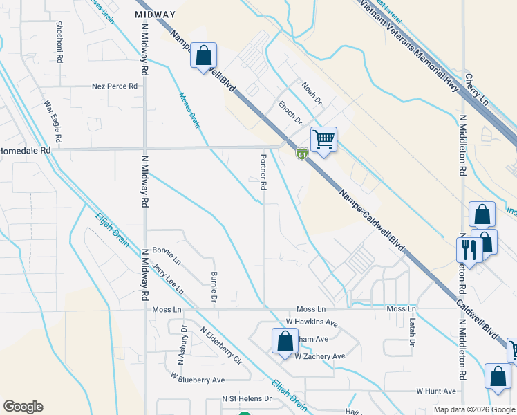 map of restaurants, bars, coffee shops, grocery stores, and more near 16823 Portner Road in Nampa