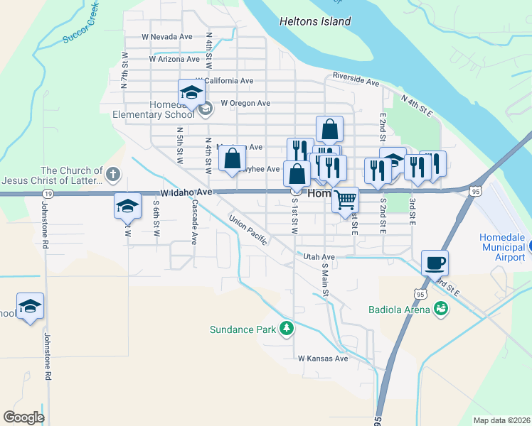 map of restaurants, bars, coffee shops, grocery stores, and more near 200 West Wyoming Avenue in Homedale