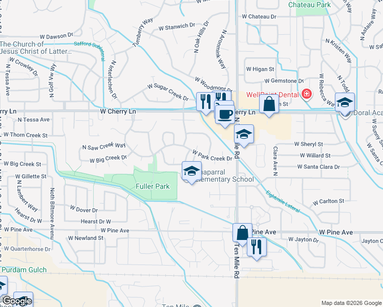 map of restaurants, bars, coffee shops, grocery stores, and more near 1303 North Deer Creek Place in Meridian