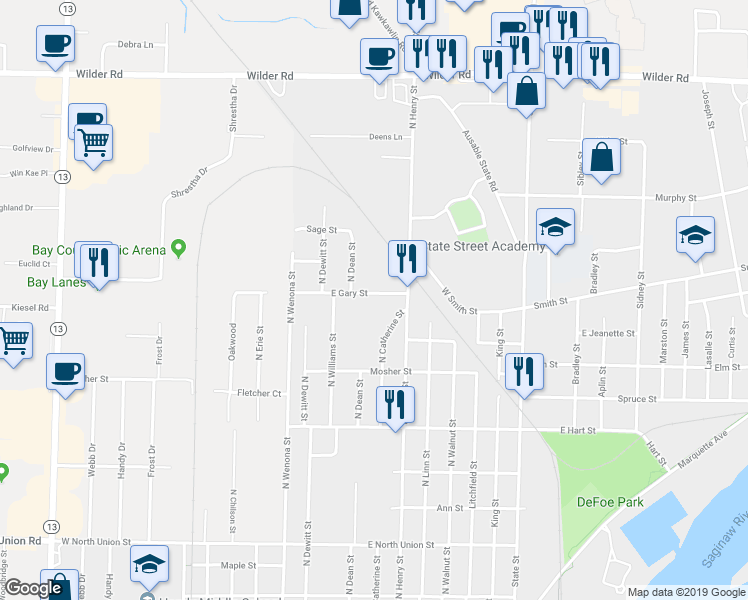 map of restaurants, bars, coffee shops, grocery stores, and more near 314 East Gary Street in Bay City