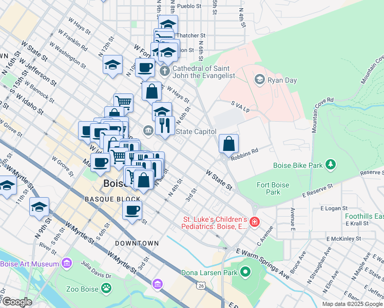map of restaurants, bars, coffee shops, grocery stores, and more near 450 West State Street in Boise