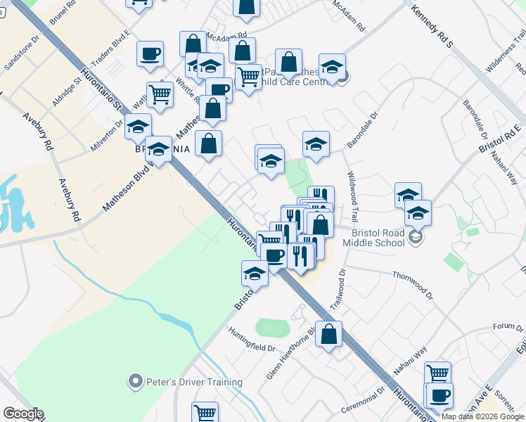 map of restaurants, bars, coffee shops, grocery stores, and more near 85 Bristol Road East in Mississauga