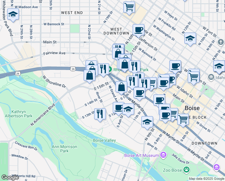 map of restaurants, bars, coffee shops, grocery stores, and more near 1411 West Grand Avenue in Boise