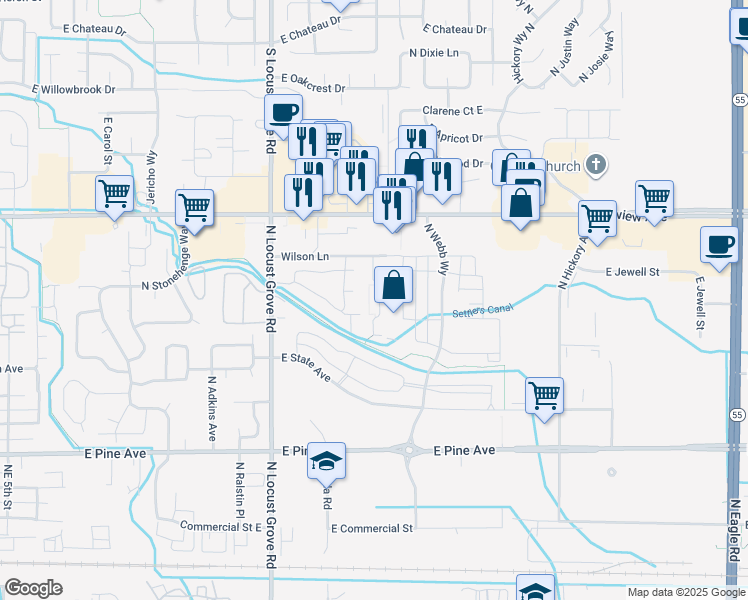 map of restaurants, bars, coffee shops, grocery stores, and more near 1931 East Wilson Lane in Meridian