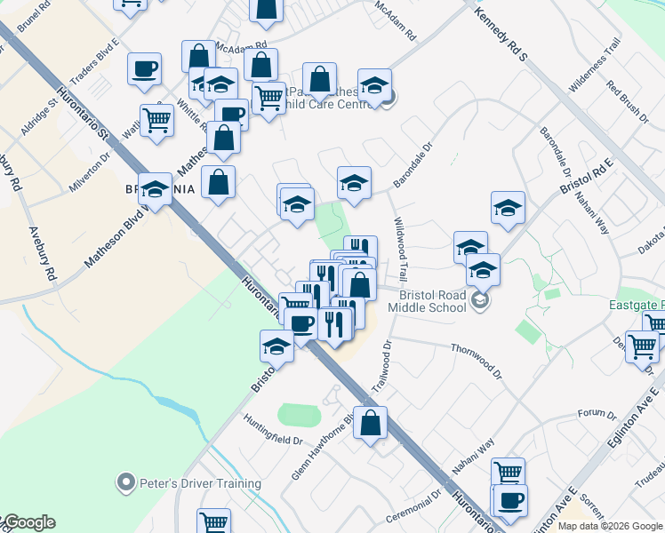 map of restaurants, bars, coffee shops, grocery stores, and more near in Mississauga