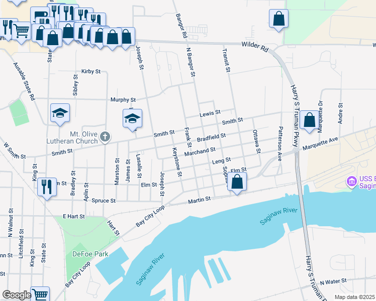 map of restaurants, bars, coffee shops, grocery stores, and more near 904 Bradfield Street in Bay City