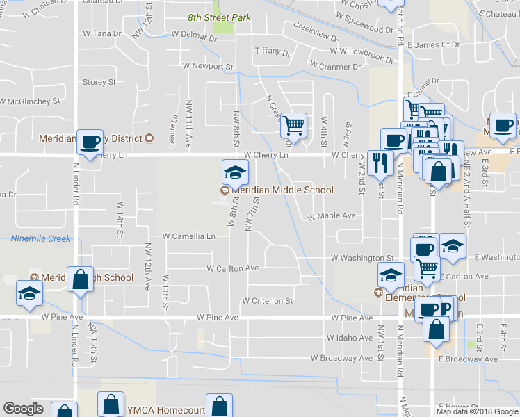 map of restaurants, bars, coffee shops, grocery stores, and more near 1418 West 7th Street in Meridian