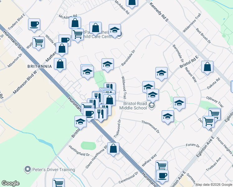 map of restaurants, bars, coffee shops, grocery stores, and more near 117 Bristol Road East in Mississauga