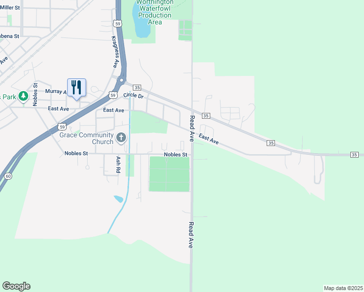 map of restaurants, bars, coffee shops, grocery stores, and more near 2257 Nobles Street in Worthington