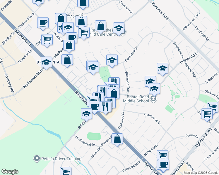map of restaurants, bars, coffee shops, grocery stores, and more near 109 Bristol Road East in Mississauga