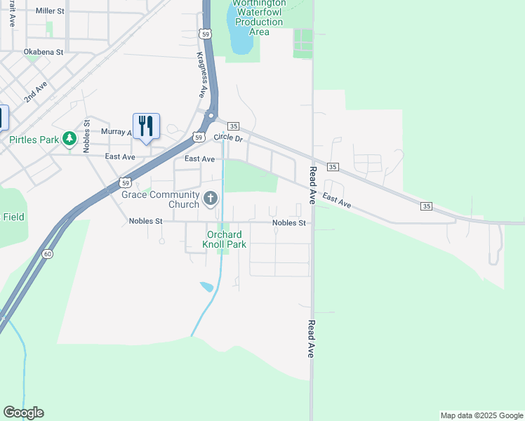 map of restaurants, bars, coffee shops, grocery stores, and more near 2175 Nobles Street in Worthington