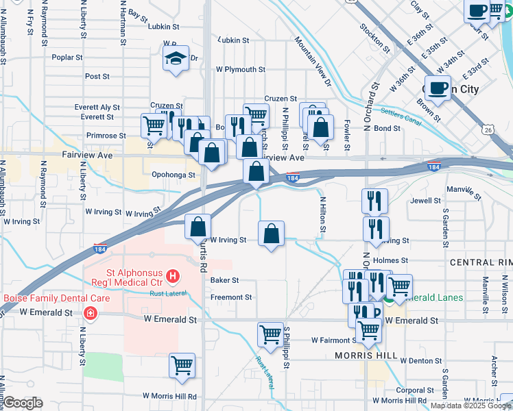 map of restaurants, bars, coffee shops, grocery stores, and more near 5505 West Kendall Street in Boise