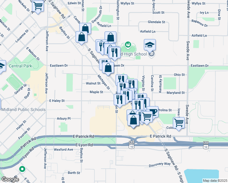 map of restaurants, bars, coffee shops, grocery stores, and more near in Midland