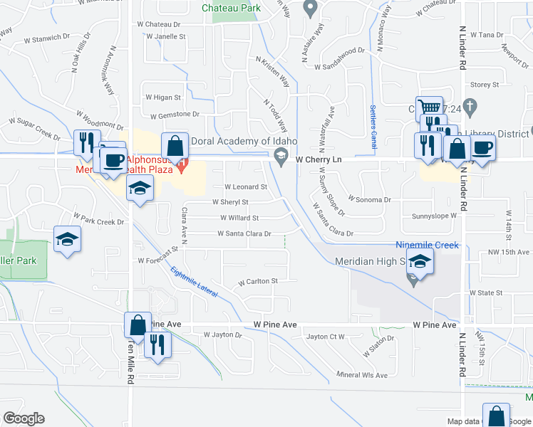 map of restaurants, bars, coffee shops, grocery stores, and more near 2548 West Willard Street in Meridian