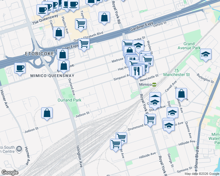 map of restaurants, bars, coffee shops, grocery stores, and more near 44 O'Donnell Avenue in Toronto