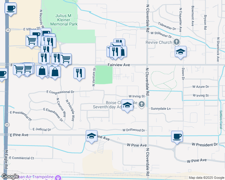 map of restaurants, bars, coffee shops, grocery stores, and more near 12628 West Irving Street in Boise