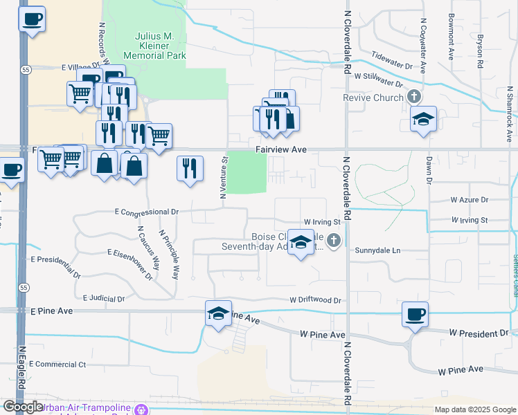 map of restaurants, bars, coffee shops, grocery stores, and more near 12628 West Irving Street in Boise