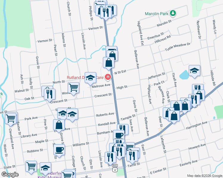 map of restaurants, bars, coffee shops, grocery stores, and more near 122 North Main Street in Rutland