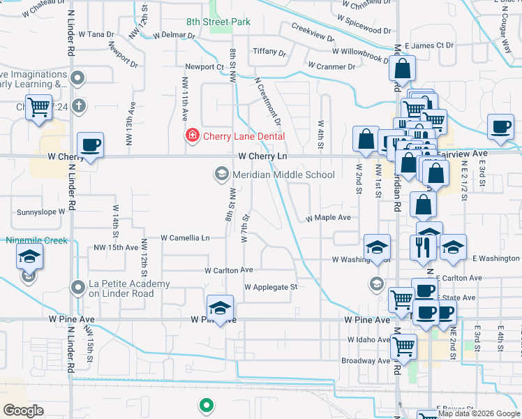map of restaurants, bars, coffee shops, grocery stores, and more near 1418 West 7th Street in Meridian
