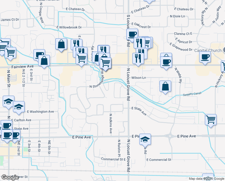 map of restaurants, bars, coffee shops, grocery stores, and more near 1312 North Penn Station Lane in Meridian