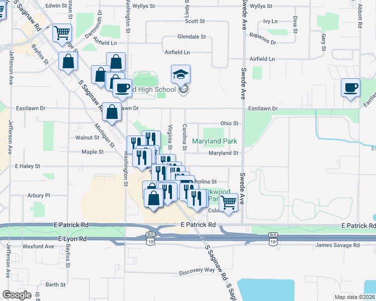 map of restaurants, bars, coffee shops, grocery stores, and more near 1309 Maryland Street in Midland