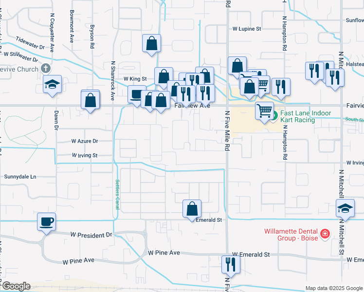 map of restaurants, bars, coffee shops, grocery stores, and more near 1332 North Cormorant Place in Boise