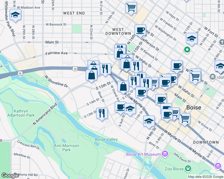 map of restaurants, bars, coffee shops, grocery stores, and more near 1411 West Grand Avenue in Boise